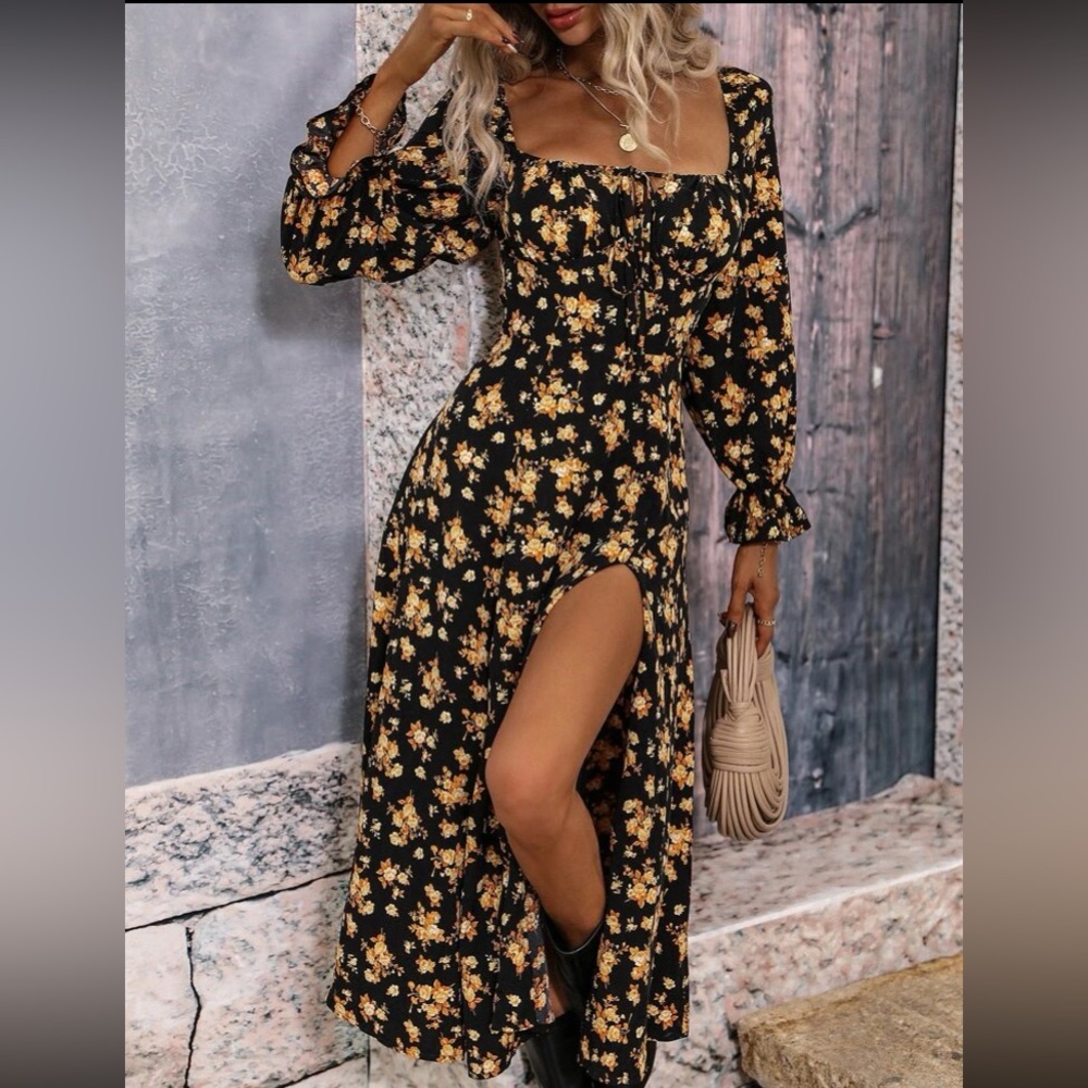 Boho floral print square neck slit thigh maxi dress